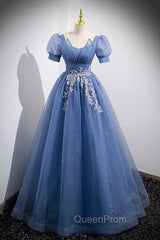 Blue Tulle Lace Floor Length Evening Prom Dresses, Blue Short Sleeve Evening Dresses