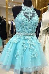Blue Tulle Lace Halter Backless Homecoming Dresses