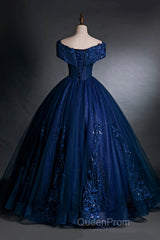 Blue Tulle Lace Long A-Line Ball Gown, Off The Shoulder Evening Party Dresses