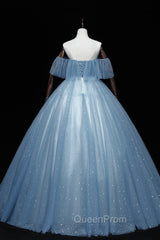 Blue Tulle Lace Long A-Line Ball Gown, Off the Shoulder Evening Gown