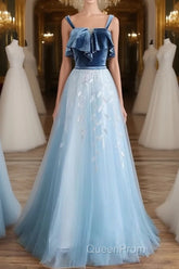 Blue tulle lace long Evening Prom Dresses, blue tulle formal Dresses
