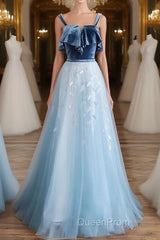 Blue tulle lace long Evening Prom Dresses, blue tulle formal Dresses