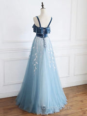 Blue tulle lace long Evening Prom Dresses, blue tulle formal Dresses
