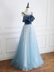 Blue tulle lace long Evening Prom Dresses, blue tulle formal Dresses