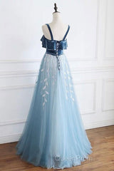 Blue Tulle Lace Long Evening Prom Dresses, Blue Tulle Long Evening Dresses