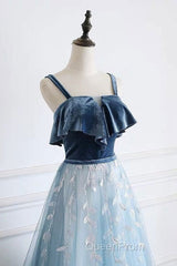 Blue Tulle Lace Long Evening Prom Dresses, Blue Tulle Long Evening Dresses