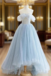 Blue Tulle Lace Long Evening Prom Dresses, High Low A-Line Evening Party Dresses