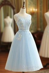 Blue Tulle Lace Short Evening Prom Dresses, A-Line Homecoming Party Dresses