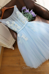 Blue Tulle Lace Short Evening Prom Dresses, A-Line Homecoming Party Dresses