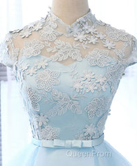 Blue tulle lace short Evening Prom Dresses, blue tulle lace homecoming Dresses