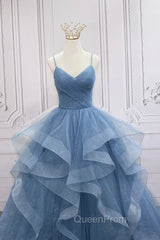 Blue Tulle Layers Long Evening Dresses, Blue Tulle with Straps Party Dresses