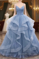 Blue Tulle Layers Long Evening Dresses, Blue Tulle with Straps Party Dresses