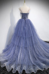 Blue Tulle Layers Long Prom Dress, A-Line Spaghetti Strap Party Dress
