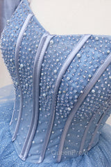 Blue Tulle Layers Long Evening Prom Gown, A-Line Blue Evening Dresses