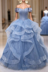Blue Tulle Layers Long Evening Prom Gown, A-Line Blue Evening Dresses