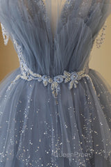 Blue Tulle Layers Straps Beaded Long Evening Prom Dresses, Blue A-Line Evening Dresses