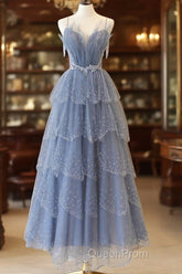 Blue Tulle Layers Straps Beaded Long Evening Prom Dresses, Blue A-Line Evening Dresses