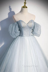 Blue Tulle Long A-Line Ball Gown, Off the Shoulder Evening Dresses