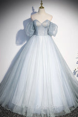 Blue Tulle Long A-Line Ball Gown, Off the Shoulder Evening Dresses