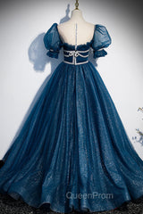 Blue Tulle Long A-Line Evening Prom Dresses, A-Line Short Sleeve Evening Dresses