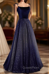 Blue Tulle Long A-Line Evening Prom Dresses, Blue Spaghetti Strap Evening Party Dresses