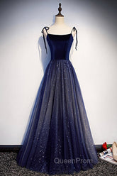 Blue Tulle Long A-Line Evening Prom Dresses, Blue Spaghetti Strap Evening Party Dresses