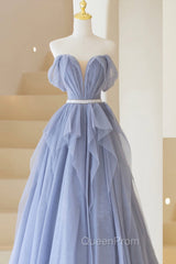 Blue Tulle Long A-Line Evening Prom Dresses, Cute Strapless Graduation Dresses
