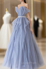 Blue Tulle Long A-Line Evening Prom Dresses, Cute Strapless Graduation Dresses