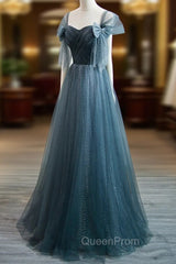 Blue Tulle Long A-Line Evening Prom Dresses, Simple Sweetheart Neckline Evening Party Dresses