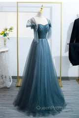 Blue Tulle Long A-Line Evening Prom Dresses, Simple Sweetheart Neckline Evening Party Dresses