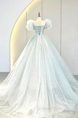 Blue Tulle Long A-Line Evening Prom Dresses with Sequins, Lovely Puff Sleeve Evening Gown
