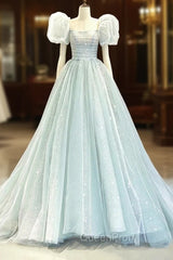 Blue Tulle Long A-Line Evening Prom Dresses with Sequins, Lovely Puff Sleeve Evening Gown