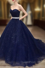 Blue Tulle Long Evening Gown Party Dresses, Navy Blue Sweet 16 Gown