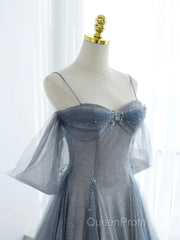 Blue Tulle Long Evening Prom Dresses, A-Line Off The Shoulder Blue Evening Party Dresses