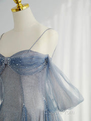Blue Tulle Long Evening Prom Dresses, A-Line Off The Shoulder Blue Evening Party Dresses