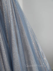 Blue Tulle Long Evening Prom Dresses, A-Line Off The Shoulder Blue Evening Party Dresses