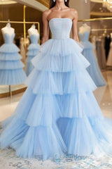 Blue tulle long Evening Prom Dresses, blue tulle evening Dresses