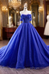 Blue Tulle Long Evening Prom Dresses, Off the Shoulder Evening Party Dresses
