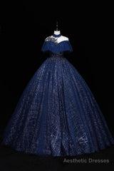 Blue Tulle Long Prom Dress with Sequins, A-Line Blue Formal Dress