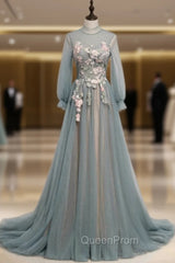 Blue Tulle Long Sleeve Appliques High Neck Evening Prom Dresses