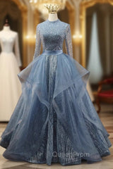 Blue Tulle Long Sleeve Backless Beading Evening Prom Dresses