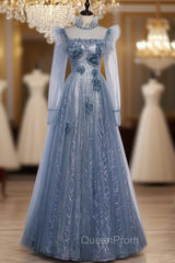 Blue Tulle Long Sleeve High Neck Backless Evening Prom Dresses