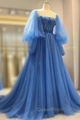 Blue Tulle Long Sleeve Evening Prom Dresses, A-Line Tulle Evening Dresses