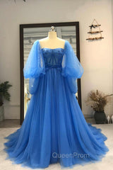 Blue Tulle Long Sleeve Evening Prom Dresses, A-Line Tulle Evening Dresses