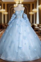 Blue Tulle Long Sleeves Evening Dresses with Flowers, Blue A-Line Evening Prom Party Dresses
