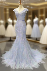 Blue Tulle Mermaid Deep V-neck Backless Evening Prom Dresses With Beading