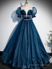 Blue Tulle Off Shoulder Long Prom Dress, Blue Tulle Formal Dress