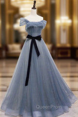 Blue Tulle Off Shoulder Sequin Long Evening Prom Dresses Blue Evening Dresses