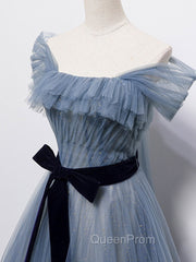 Blue Tulle Off Shoulder Sequin Long Evening Prom Dresses Blue Evening Dresses