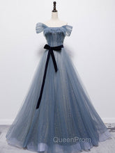 Blue Tulle Off Shoulder Sequin Long Evening Prom Dresses Blue Evening Dresses
